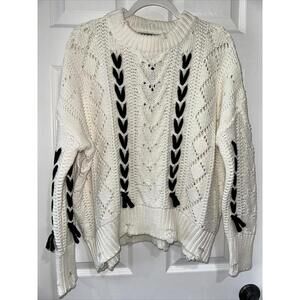Kate C. Women's S/M Long Sleeve Open Knit Sweater Ivory with Black Distressed